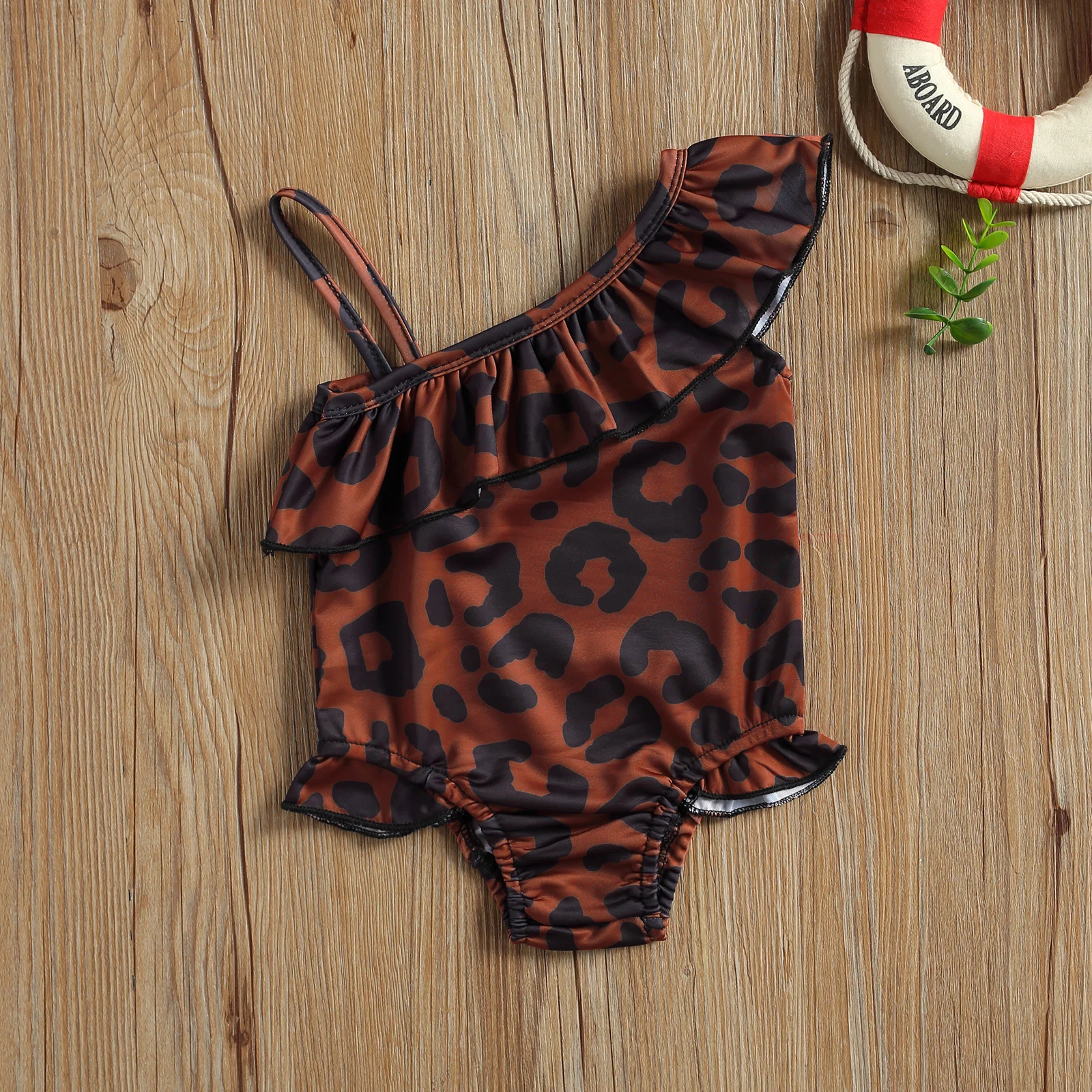 2021 New Toddler Baby Girls One-Piece Leopard Swimsuits Spaghetti Strap Oblique Shoulder Ruffle Trim Bodysuit Swimwear