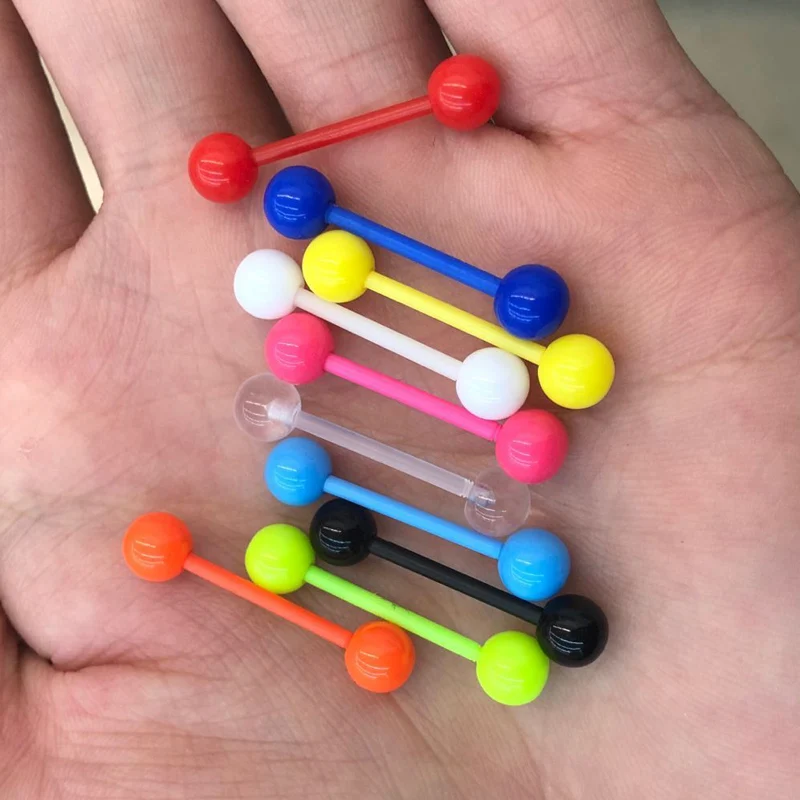 2Pcs 1.6x16mm Bars Candy Color Soft Acrylic Tongue Piercing Balls Plastic Barbell Nipple Piercing Tongue Rings Party Jewelry 14G