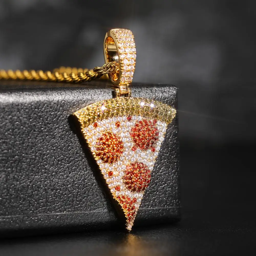 JINAO Iced Out Pizza pendant&necklace Copper Gold silvery Color Micro Paved Zircon Hip Hop Full Cubic zirconia Gift