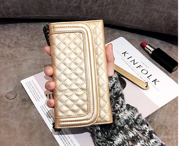 Luxury Crossbody Long Chain Bag For iphone 16 15 14 13 12 Pro Max Plus Fashion Folding Mirror Flip Wallet Leather Case Cover