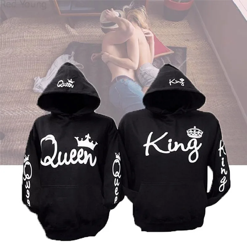 Casual Pullovers His-And-Hers King Queen Sweatshirt Hooded Hoodie ฤดูใบไม้ผลิฤดูใบไม้ร่วงแขนยาว