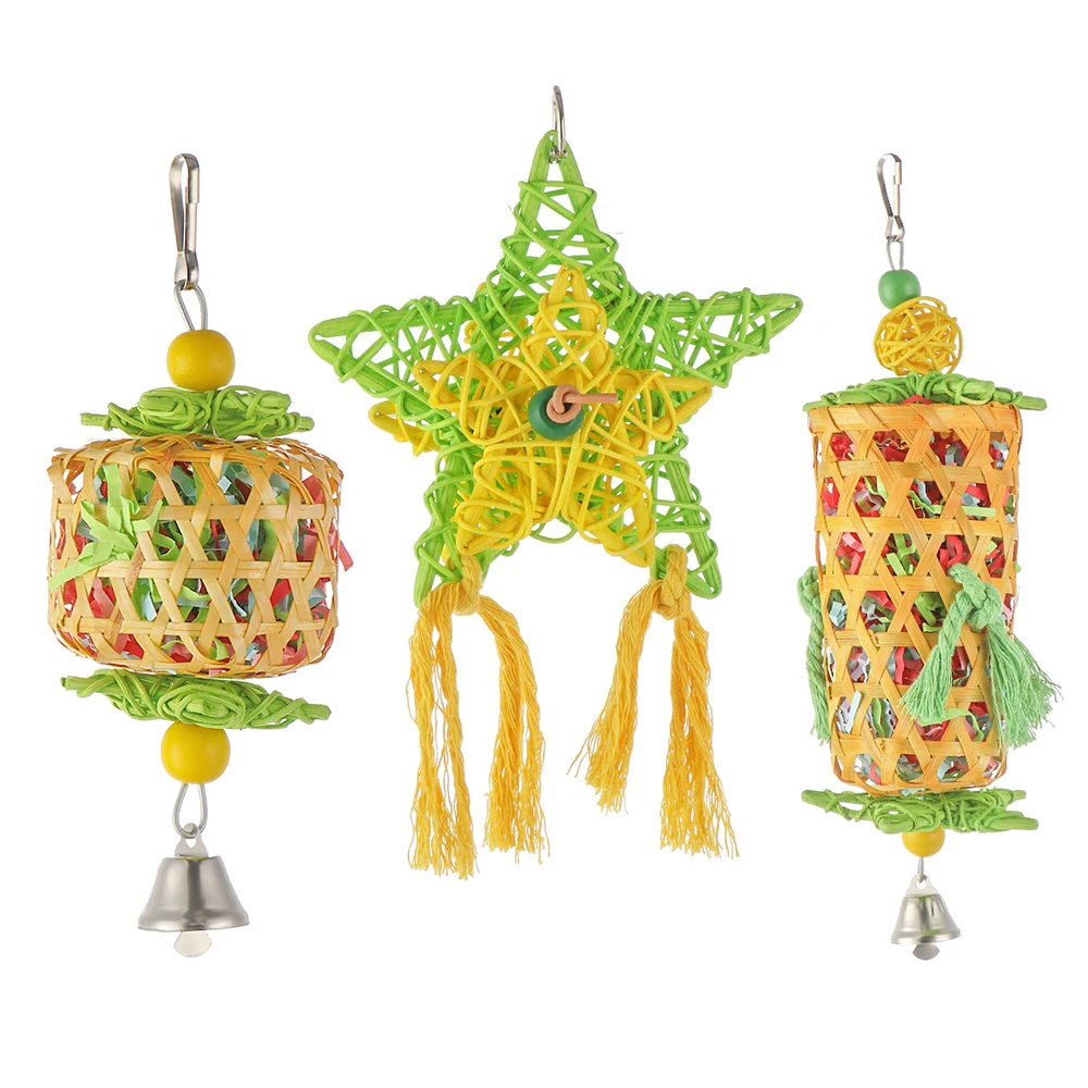 Natural Bamboo Rattan/Paper Weaving Cage Pet Bird Chewing Toys Parrot Cage Foraging Shredder Home Hanging Decoration