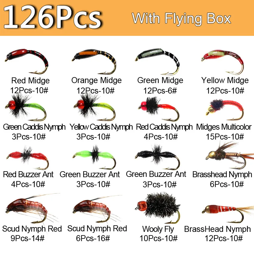 48-126Pieces/Box Outdoor Dry/Wet Fly Nymph Fly Lure Assotment Waterproof Fly Box for Trout Fishing Flies