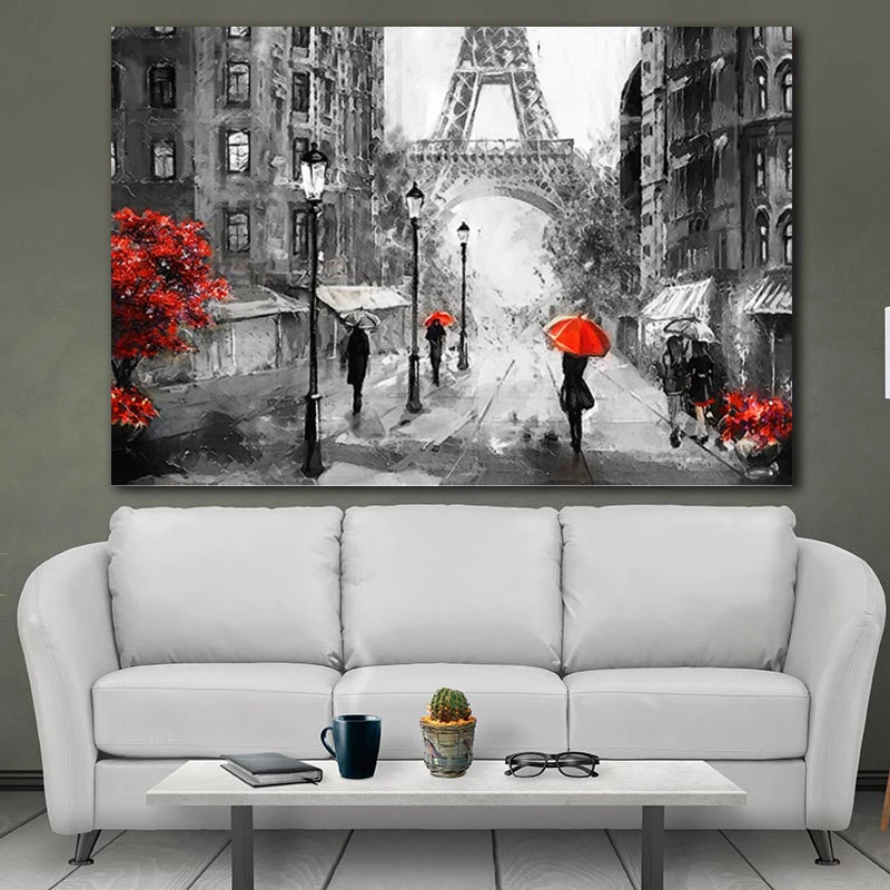 Rain City Street Scenery Paris Canvas Painting Landscape Red Tree Yellow Car Pictures For Living Room Wall Art Decor NO FRAME