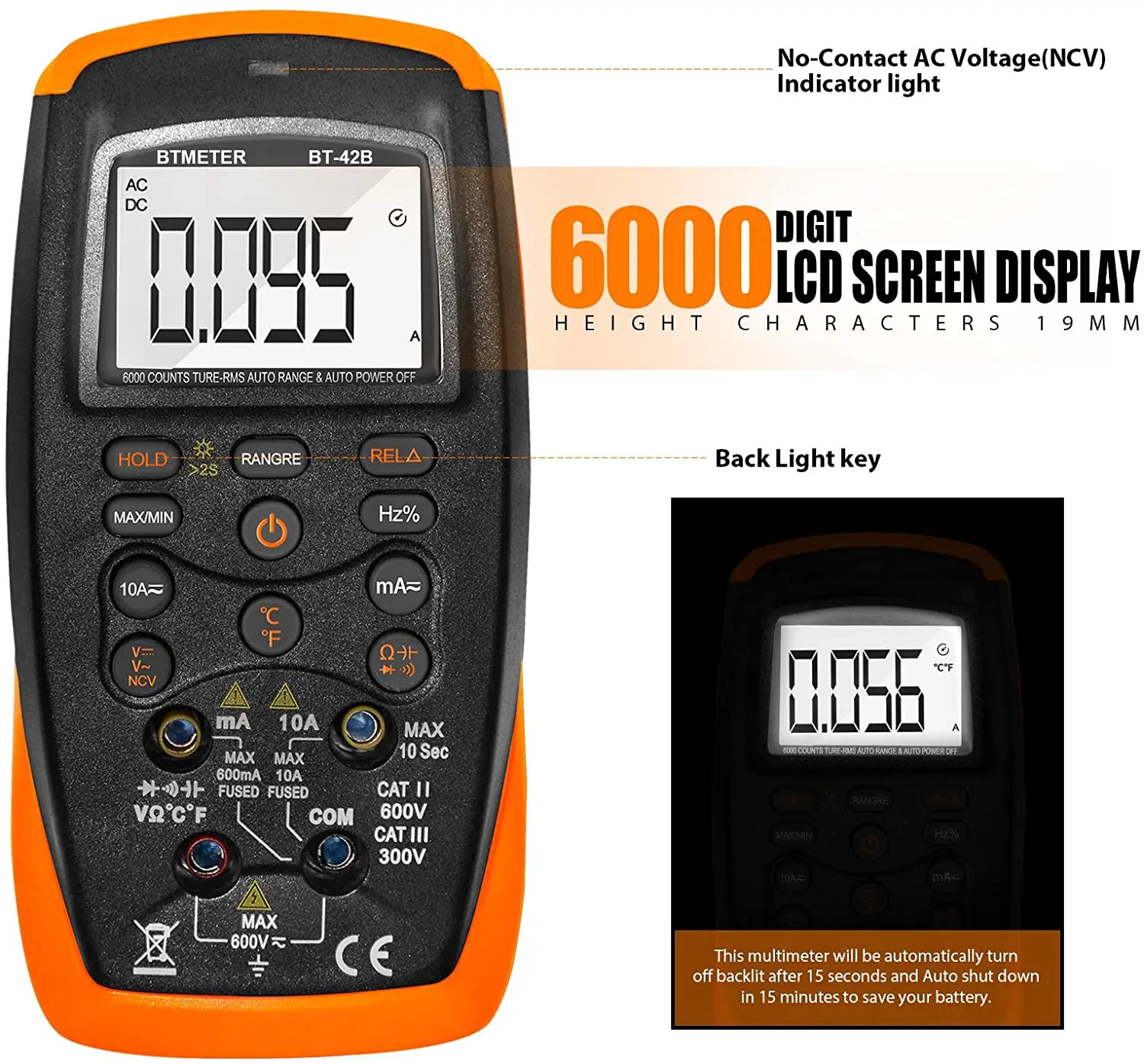 Digital Auto-Ranging Multimeter 6000 Counts for DC/AC Volt Resistance Temperature With Diode Test Continuity Buzzer 'C/'F