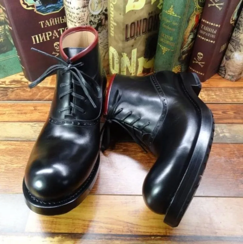 Vintage Mens Motorcycle Bikers Boots Handmade Genuine Leather Work Shoes Large size 45 Lace Up Classic Black Ankle Boots Male