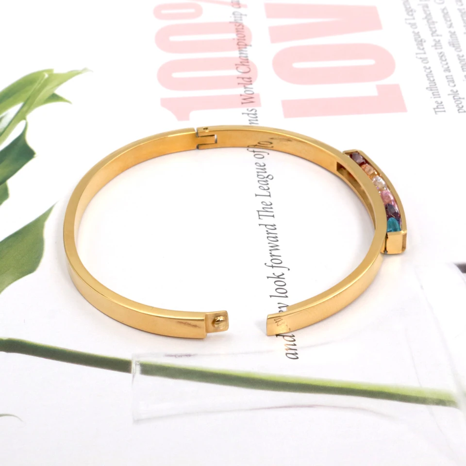 New Design Trendy Stainless Steel Colorful Zircon Crystals Bangles & Bracelets For Women 18 k Minimalist Luxury Brand Jewelry