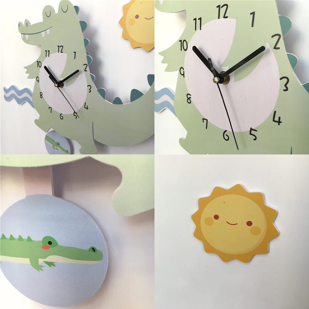 DIY Cartoon Animals Wall Clock Dinosaur Alligator Owl Wall Sticker For Children Room Kindergarten Home Decals DIY Pendulum Watch