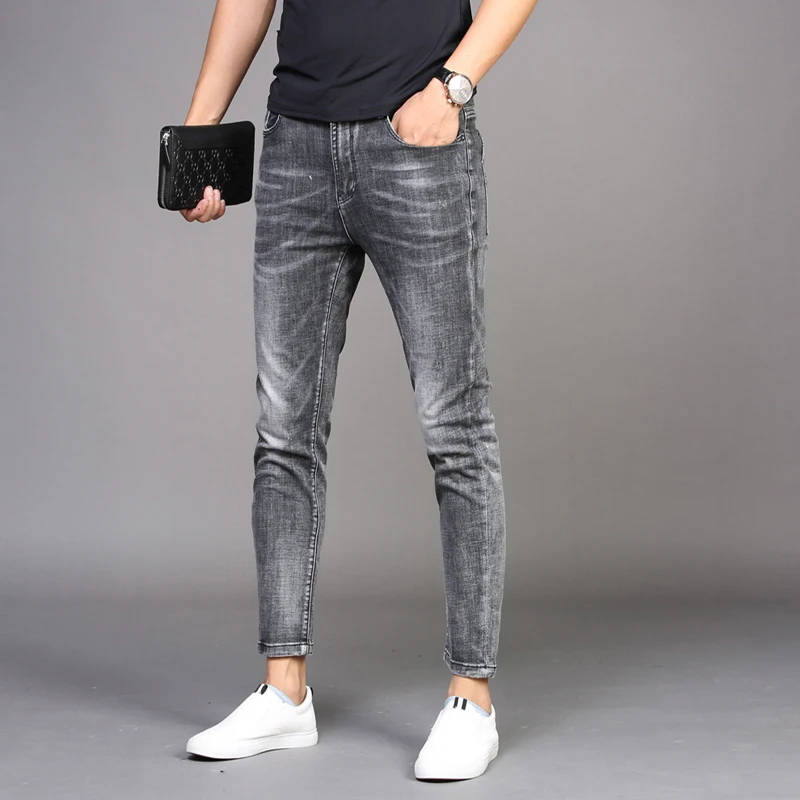 Men Jeans Summer Casual Stretch Slim Fit Ankle-Length Pants Fashion Korean Style Thin Cotton Grey Denim Trousers