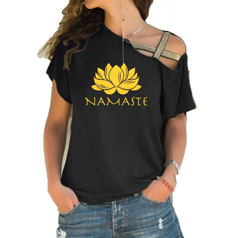 

Fashion Women clothing Namaste Print Tee T-shirt Women Top Short Sleeve Female tops clothing Irregular Skew Cross Bandage t shir