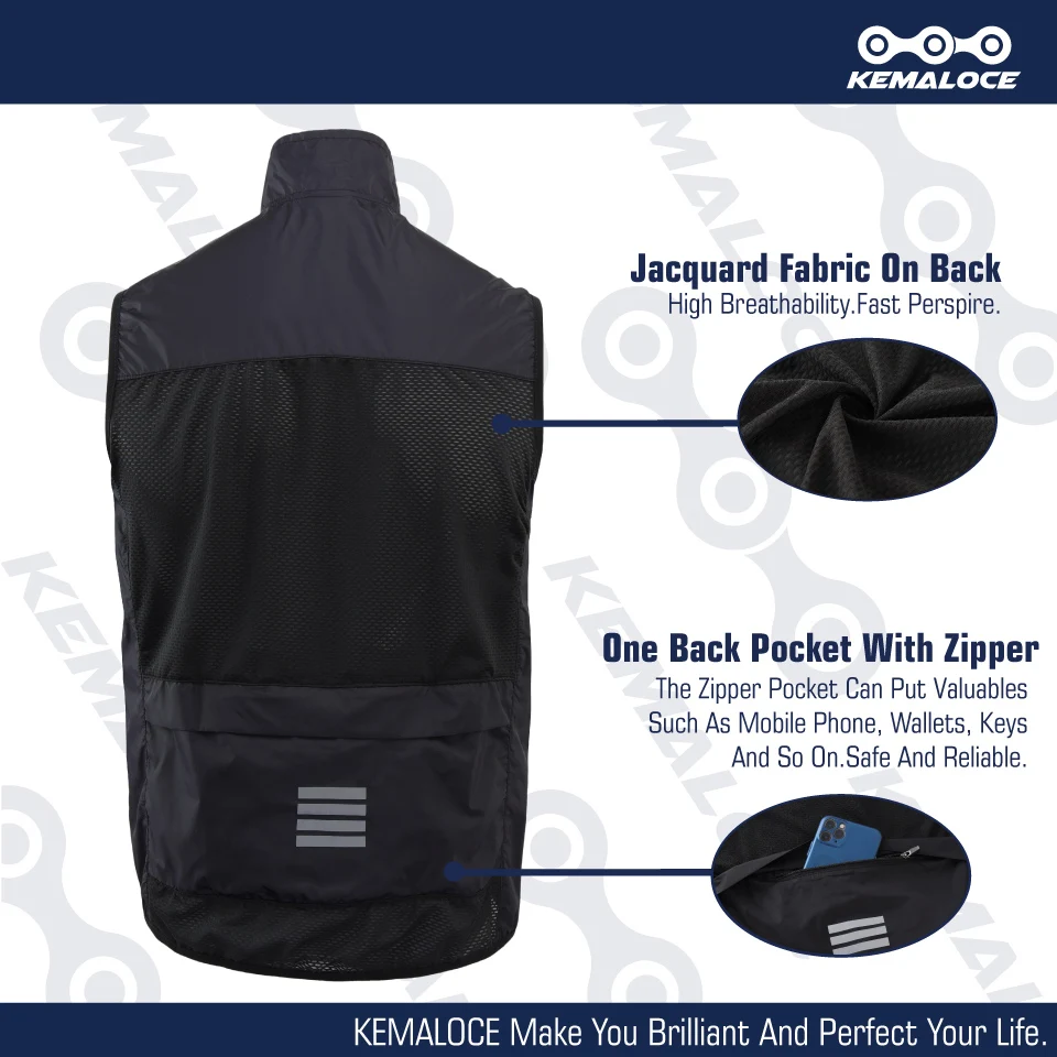 KEMALOCE Gilet da ciclismo Vento Blu Navy Uomo 2023 Gilet da bicicletta senza maniche Nero Leggero Outdoor Antivento MTB Sport Gilet da vento