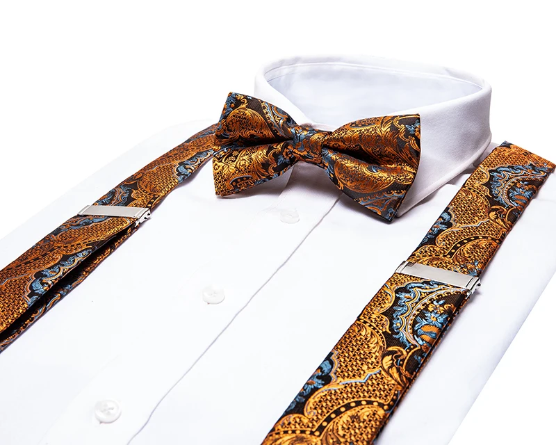 Hi-Tie Silk Adult Men\'s suspenders Set Leather Metal 6 Clips Braces Gold Yellow Floral Vintage Man Fashion Wedding Daily Male