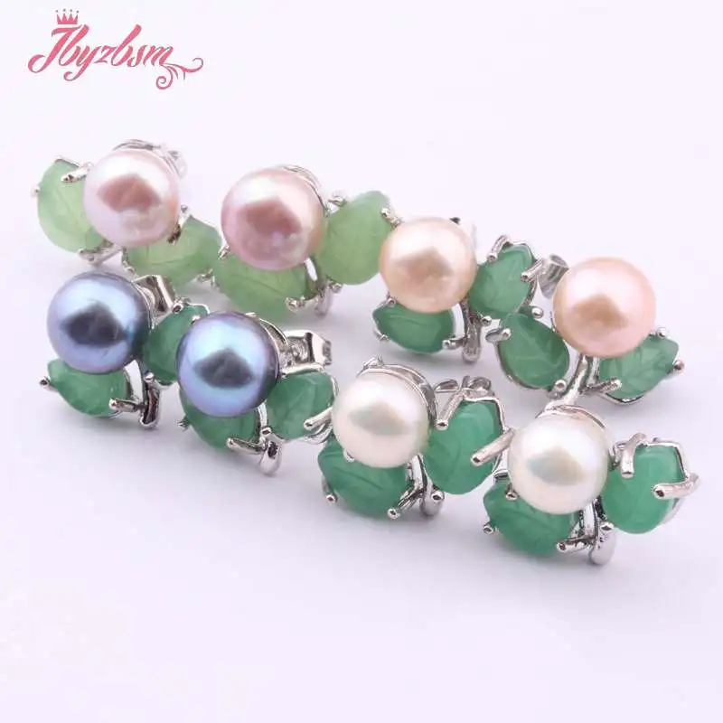 6mm Natural Round Freshwater Pearl Green Jades Stone Beads Tibetan Silver Earrings For Woman Christmas Valentine\'s Gift 1 Pair