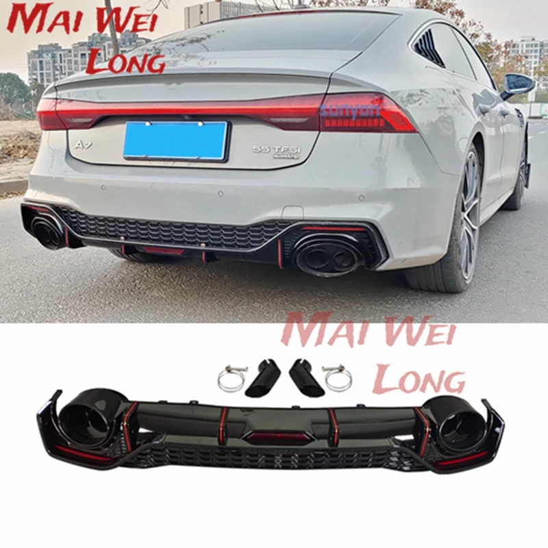 Rear Diffuser Lip For Audi A7 S7 Sline 4 Door 2019 2020 (Not fit standard A7) Rear Bumper Diffuser Lip Spoiler with Exhaust Tips