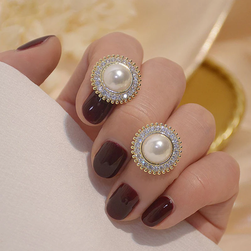 Korean Graceful Simple Rhinestones Imitation Pearl Round Clip on Earrings Non Pierced for Women Girl Ear Clips Weeding Jewelry