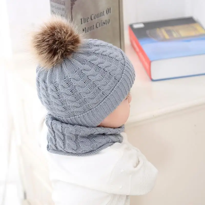 Chapeau avec pompon chaud pour enfants, 1 pièce, décoration en boule, coupe-vent, tricot d\'hiver, bonnet avec écharpe pour le cou, accessoires pour