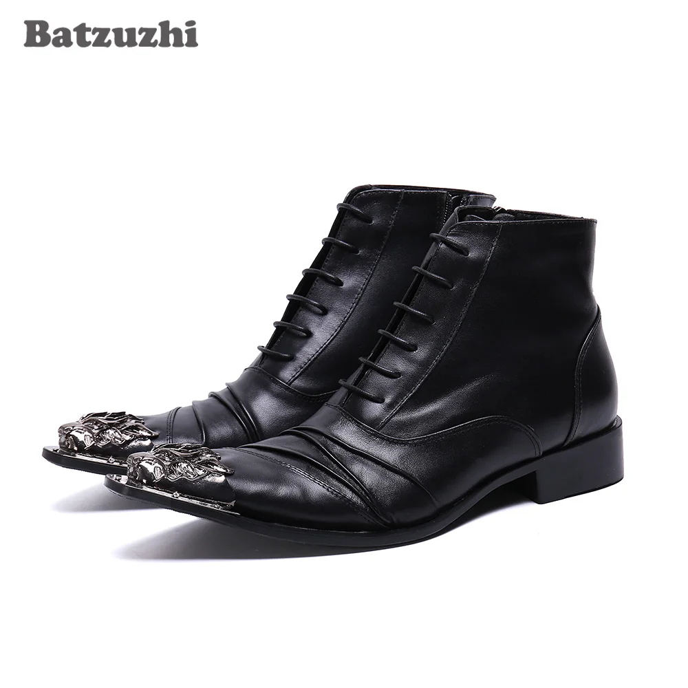 

Batzuzhi Black Genuine Leather Boots Ankle British Type Men Boots Pointed Iron Toe Lace-up Black Business Shoes Boots!