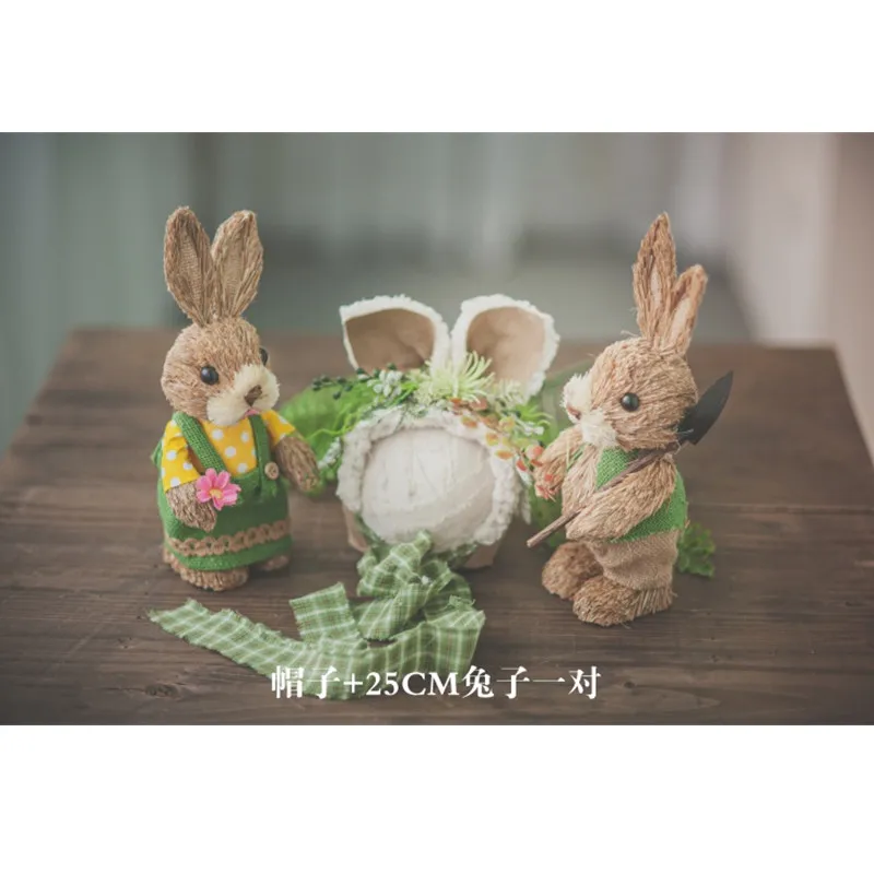 Newborn Photography Accessories Country Style Forest Straw Bunny Hat Set Easter Rabbit Prop Fotografie Baby Photo Props Girl Boy