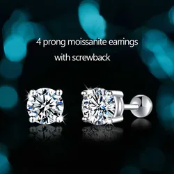 Trendy 925 Sterling Silver 0.3-1 Carat D Color Moissanite Screw Earrings for Women Fine Jewelry Platinum 4 Prong Earrings Gift