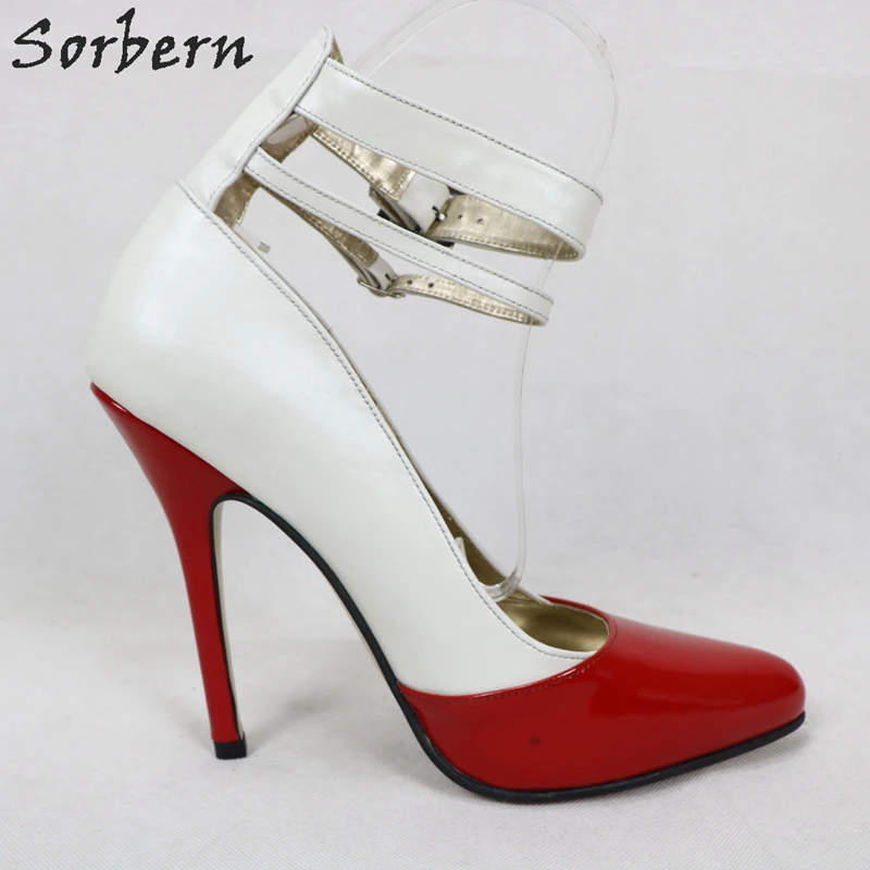 Sorbern Real Leather 14Cm High Heel Pumps Ankle Strap Pointed Toe Stilettos Custom Red And White Plus Size For Guy Crossdresser