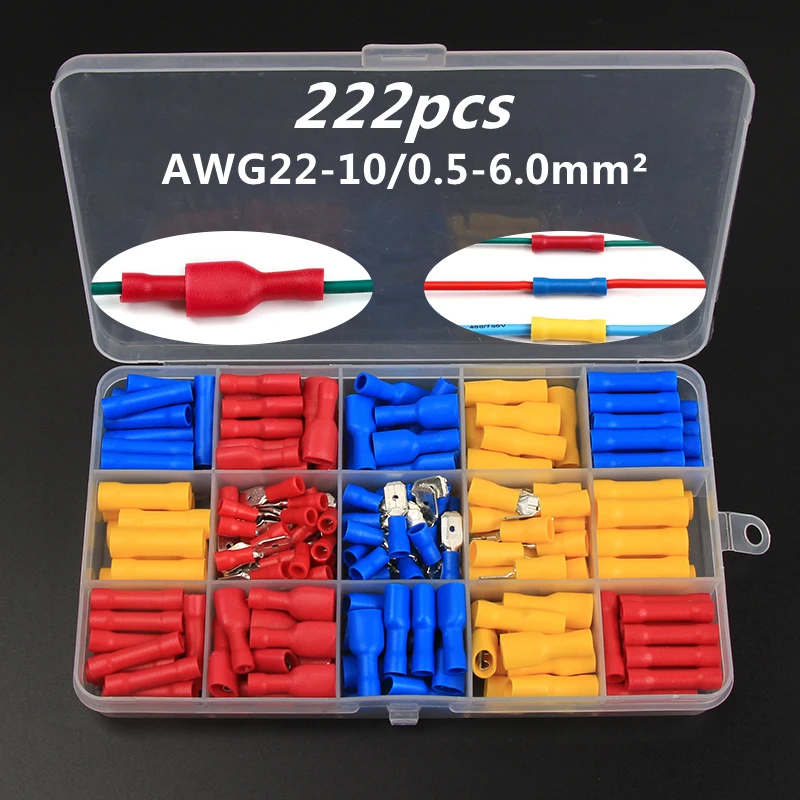 222pcs Fully Insulated Spade Crimp Terminal Female Male Connectors Lug Wire Butt Terminals wire crimp connector Assortment