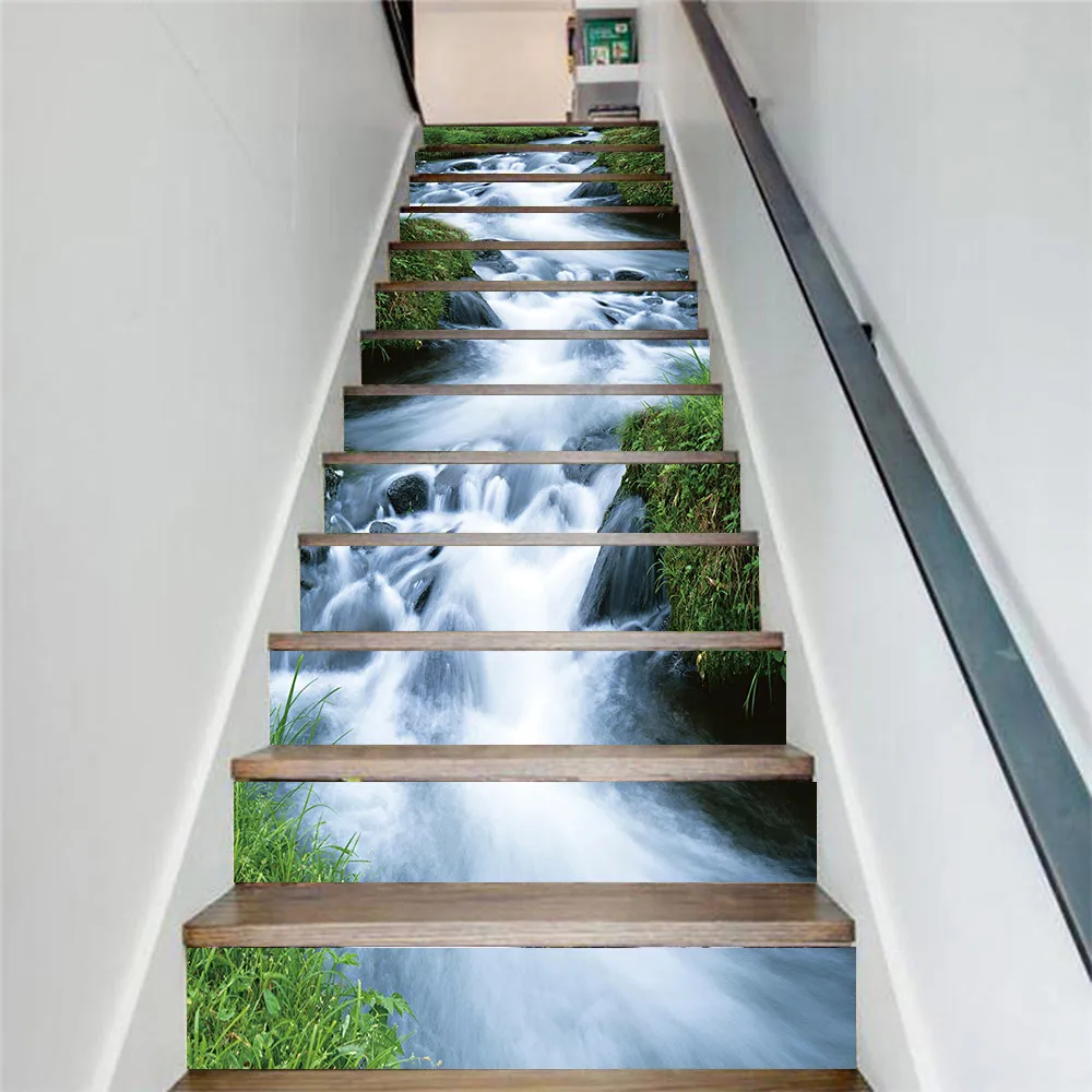 13pcs Self-adhesive Stairway Decal Stickers PVC Landscape Stair Wallpaper Waterproof Removable Staircase Mural Living Room Decor