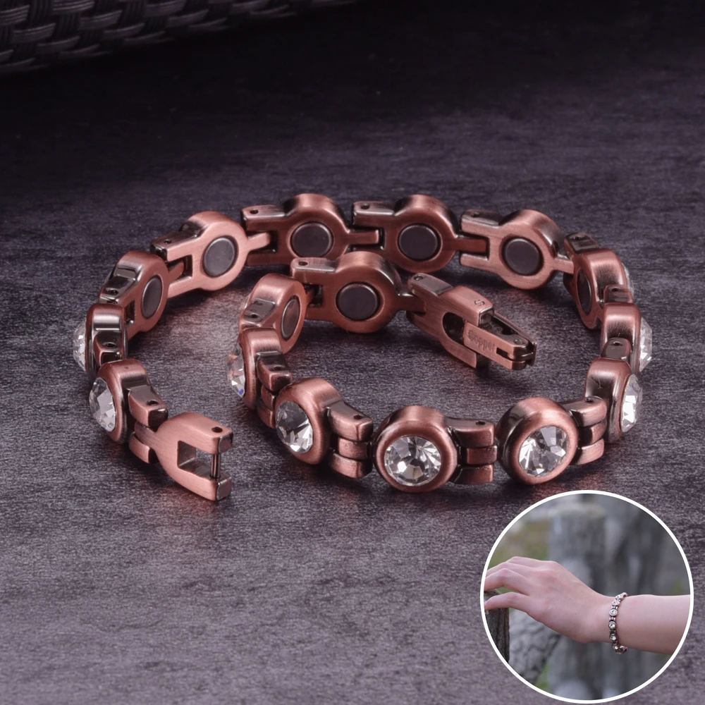 Pure Copper Magnetic Bracelet Arthritis 21.5cm White Crystals Copper Bracelets for Women Men High Magnet Health Energy Bracelet