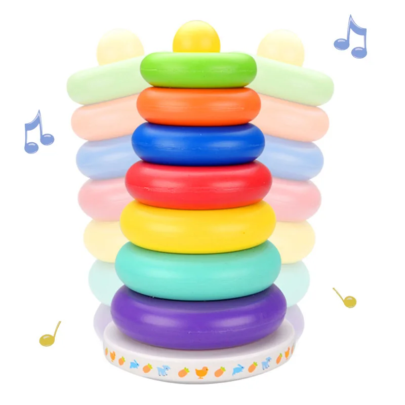 Yizhi ของเล่นเจ็ดสีแหวนเพลง Rainbow Tower Tumbler ชั้น Stack Cup บล็อกตัวต่อ