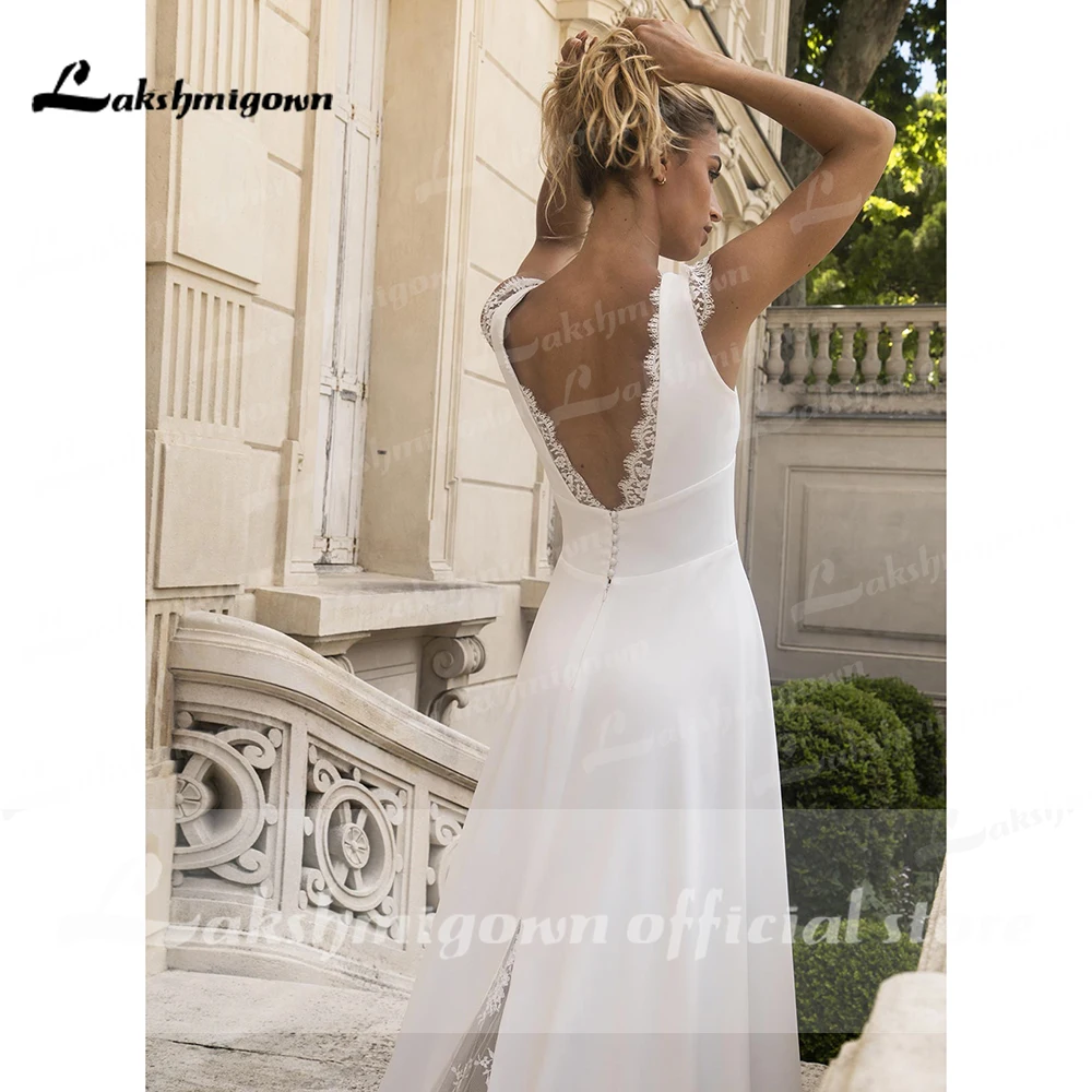 Praia profunda V Neck Lace cetim vestidos de casamento, sem encosto, elegante, linha, praia, verão, 2023