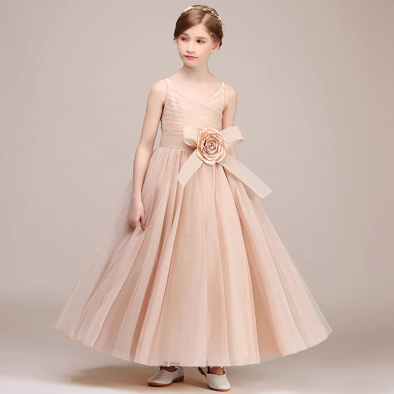 Dideyttawl Champagner Tüll Blumen mädchen Kleider für Hochzeit Geburtstags feier formelle lange Kleid für Kinder Mädchen Prinzessin Kleider