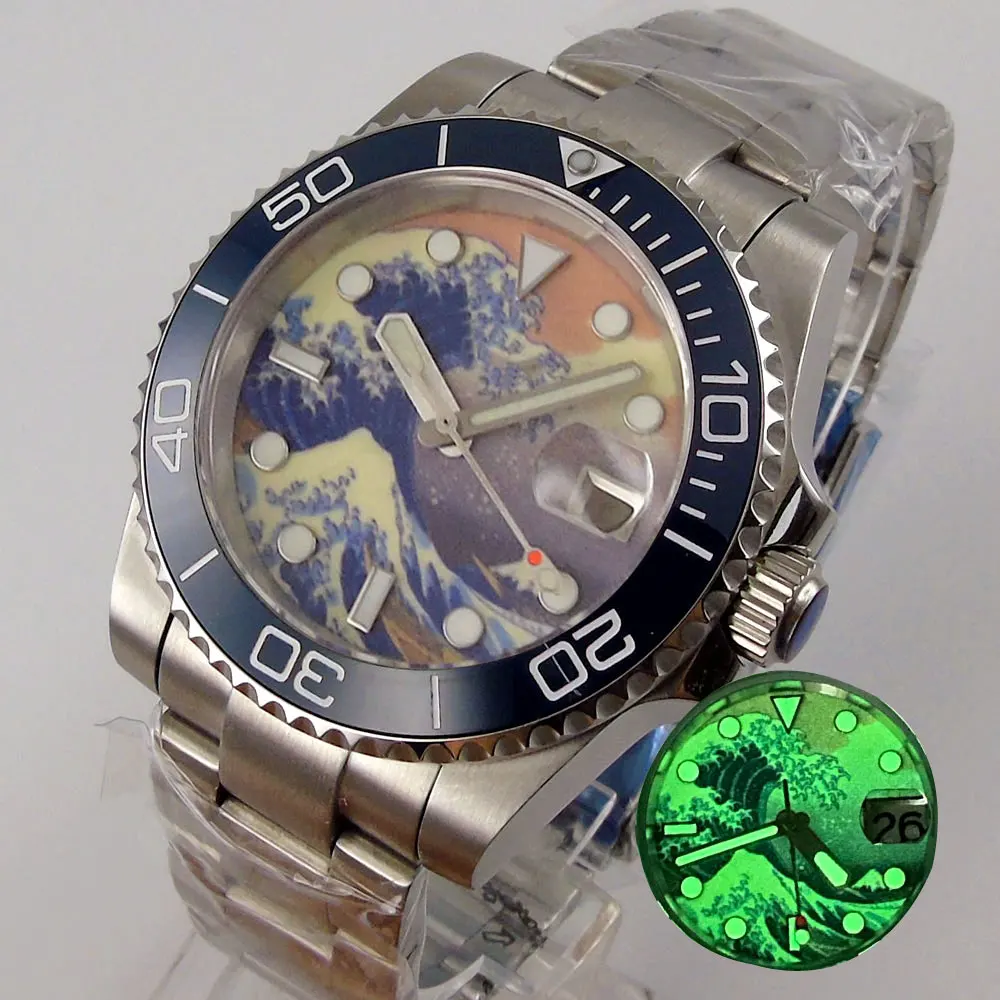 40MM Tandorio 24 Jewels NH35 Movement Automatic Men's Watch Green Lume Surfing Dial Sapphire Glass Date Display Bracelet