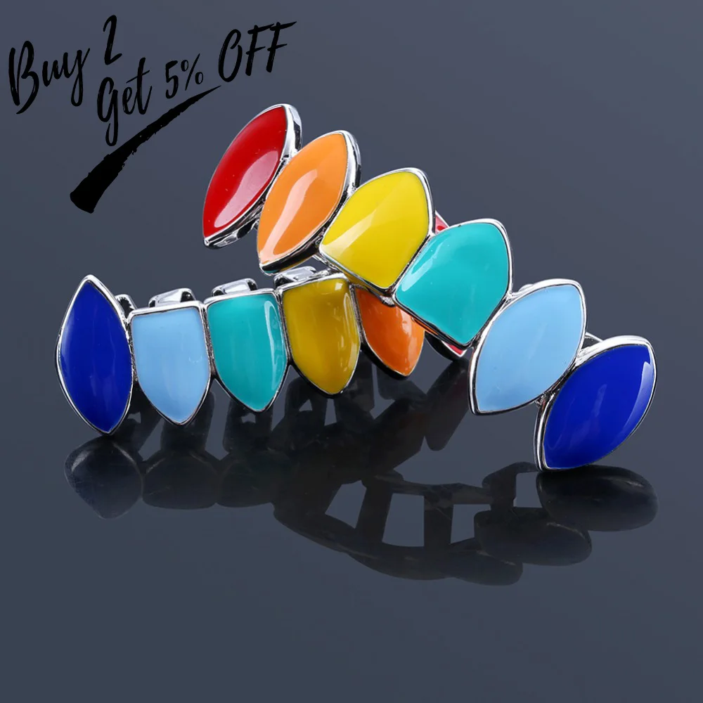 TOPGRILLZ Hip Hop Gold Tekashi69  Rainbow Teeth Grillz Top&Bottom Colorful Grills Dental Halloween Vampire Teeth image 2