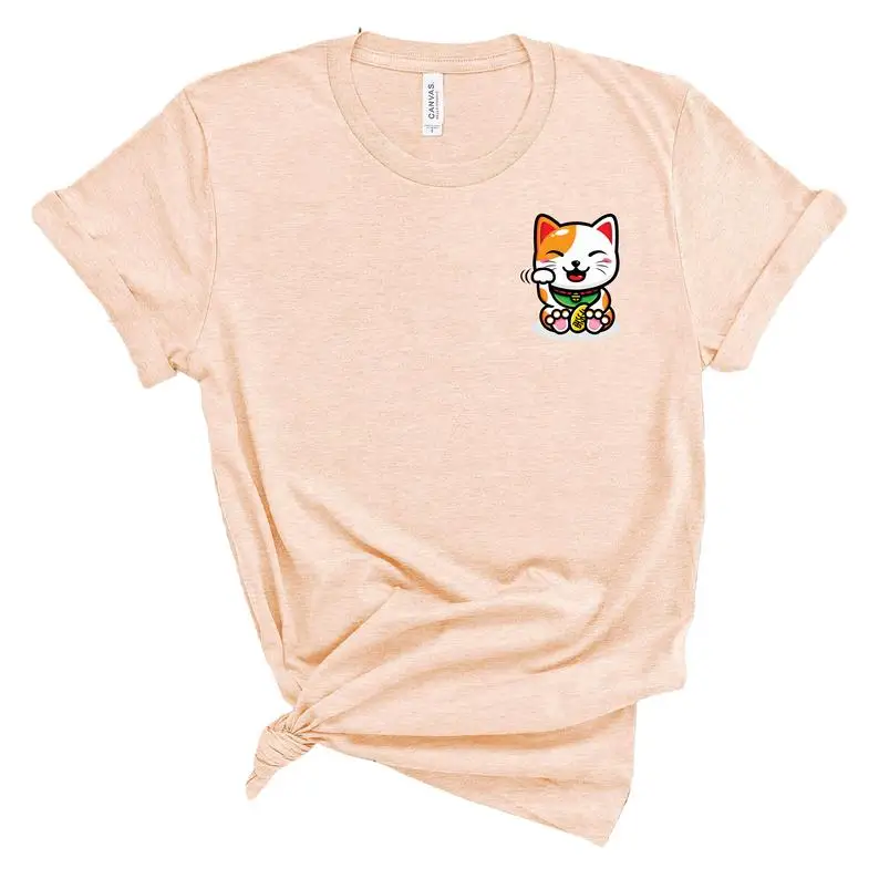 Lucky Cat Pocket Print Shirt Waving Animal Tee Cute Cat 100% Cotton Short Sleeve Women's Aesthetic O Neck Top Tee Drop Shipping