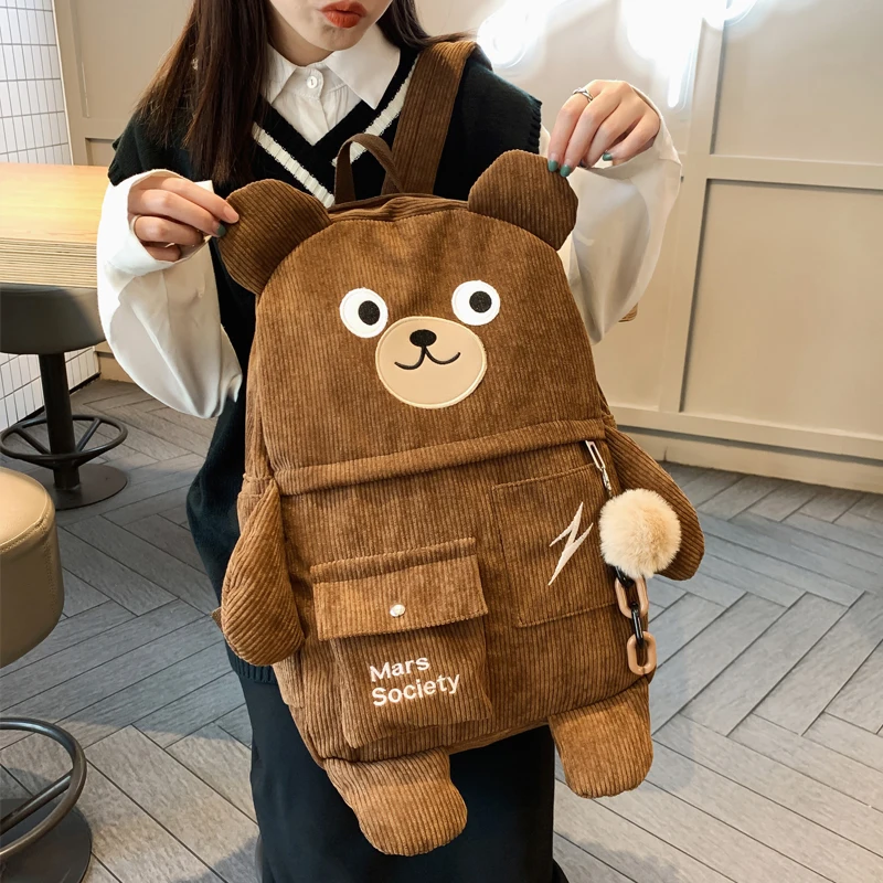 Retro Corduroy Backpack Cute Funny Bear Women Backpacks Female Korean Harajuku School Bags Student Ladies Shoulder Book Bag New