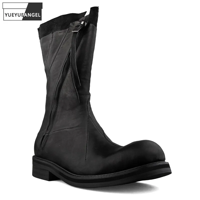 High Quality Designer Asymmetrical 100% Genuine Leather Boots Men Punk Black Cowboy Shoes Fashion Mens Biker Long Boots 35-46