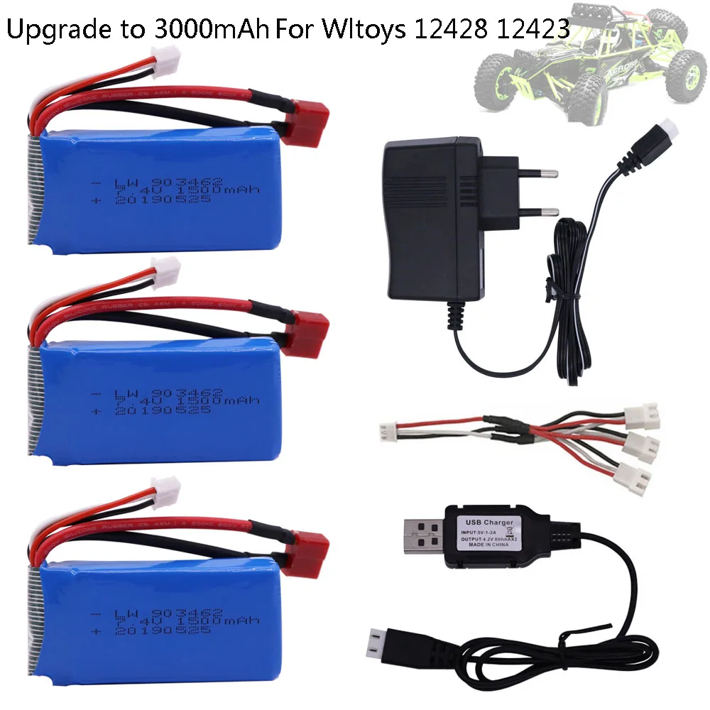 

903462 Lipo battery with Charger cable For Wltoys 12428 12423 1:12 RC Car 9125 Spare parts 7.4 V 1500mah 2S T Plug li-po battery