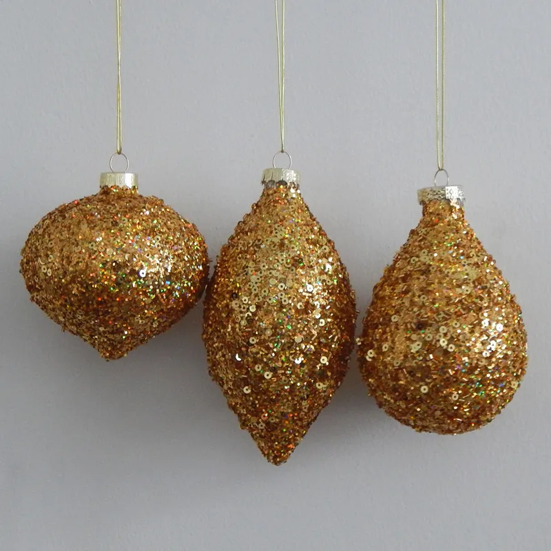 

12pcs/pack Small Size Gold Piece Ornaments Glass Pendant Different Shaped Christmas Tree Decorative Globe Onion Cone Drop Hanger