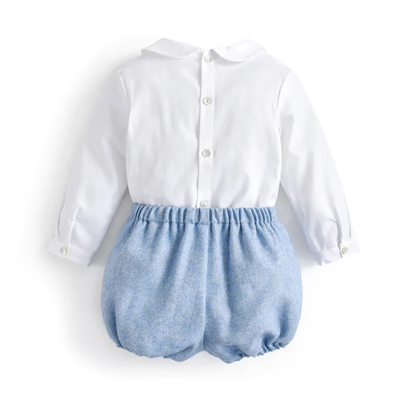 Terno espanhol de manga comprida infantil, camisas de algodão branco, calções azuis, criança boutique, roupa de aniversário para meninos, 2 peças