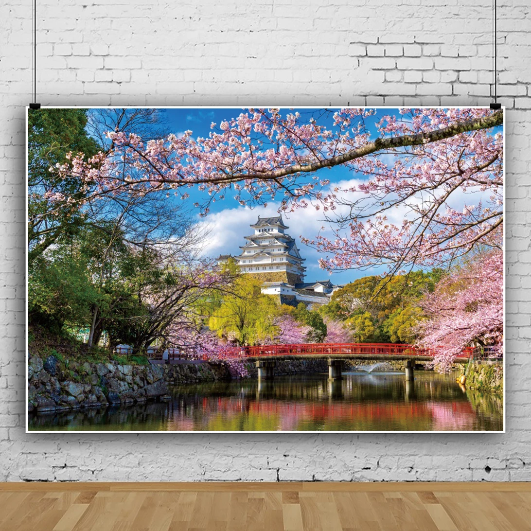 Laeacco Trung Quốc Cổ Đại Sân Mùa Xuân Cảnh Quan Thiên Nhiên Phông Nền Sakura Bên Bờ Hồ Trẻ Em Người Lớn Chụp Ảnh Chân Dung Nền