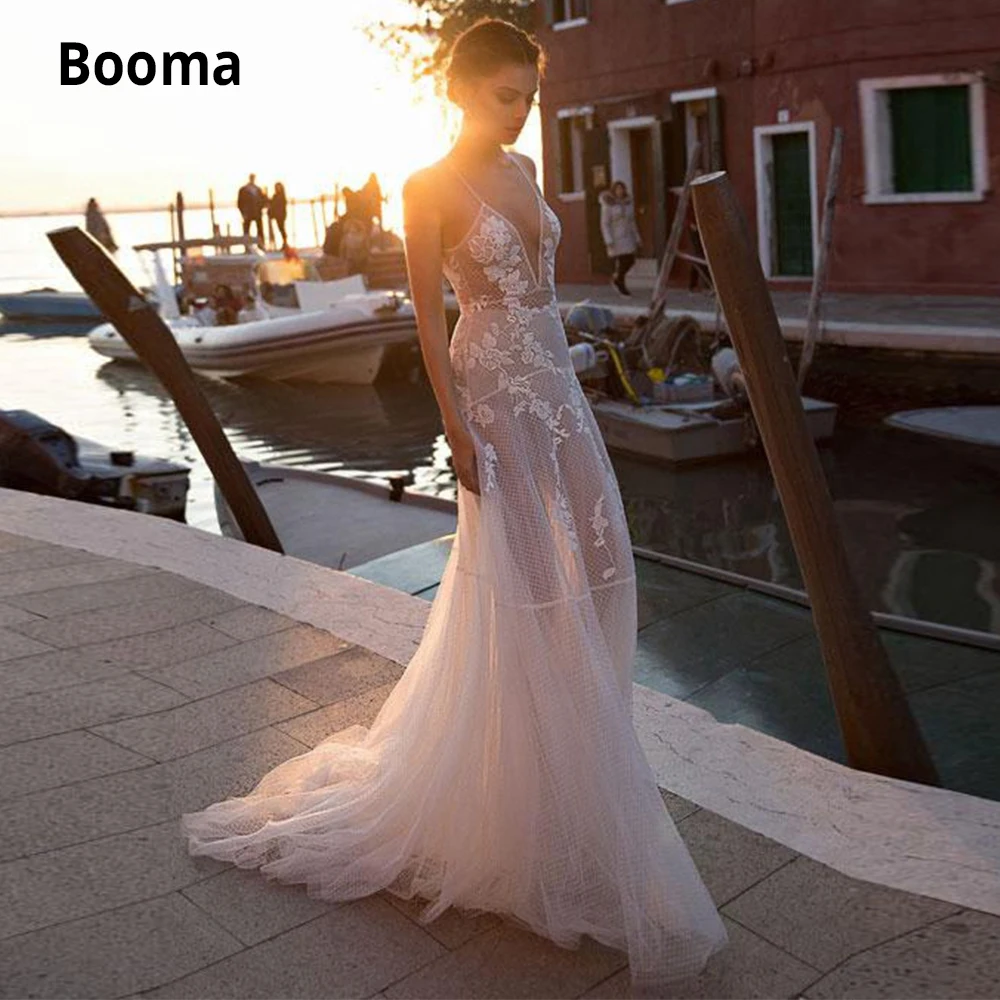 Booma A-ligne V-cou Tulle Robes De Mariée Bohème Dentelle Appliques Robe De Mariée de Plage Sans Manches Robe De Mariée Princesse Robe De Soirée