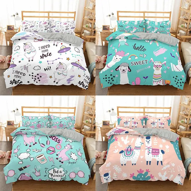 41 3PCS Cartoons lovely Alpaca Pattern Bedding Set Queen Size Duvet Cover Comforter Bed Cover Set Bedclothes Quilt Multiple Size