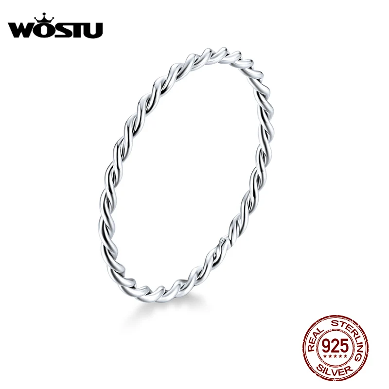 WOSTU Genuine 925 Sterling Silver Minimalist Twist Rings Finger Stackable Simple Ring Korean Style Party Jewelry Gift CQR640