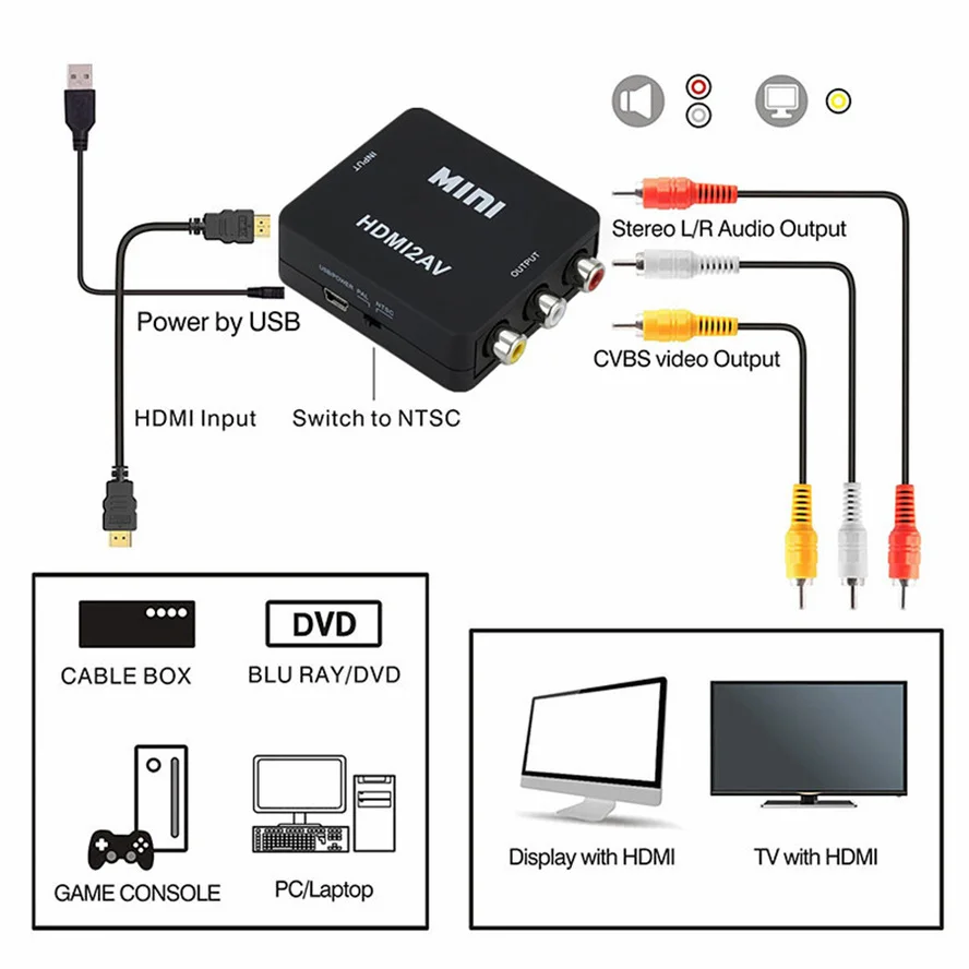 Drop Shipping HDMI-compatible to RCA Converter AV/CVSB L/R Video Box HD 1080P HDMI2AV Support NTSC PAL Output RCA AV Adapter