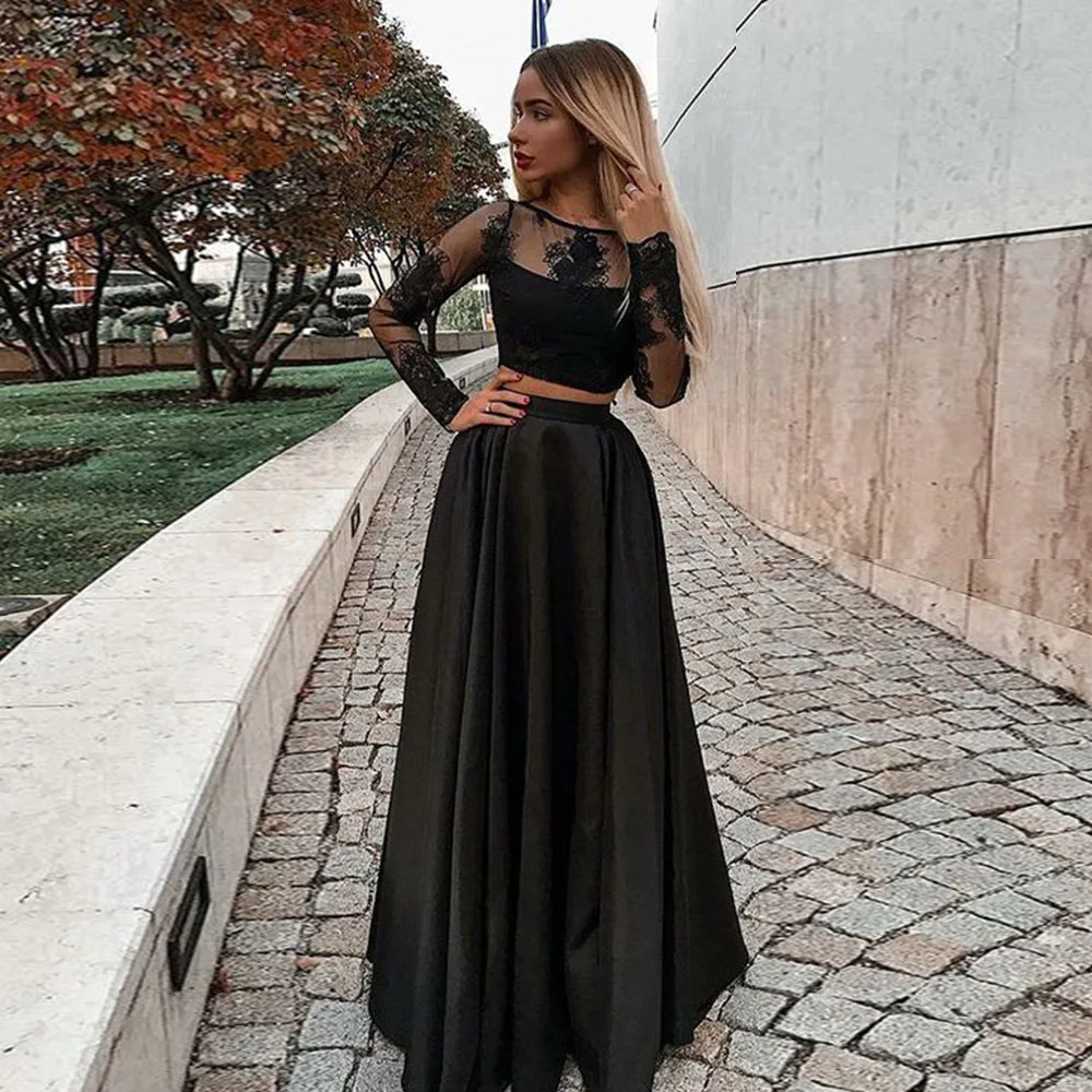 

Angelsbridep Sheer Neck Two Pieces Black Prom Dresses 2021 Long Sleeves A-line Satin Modest Evening Dress Robes De Soirée