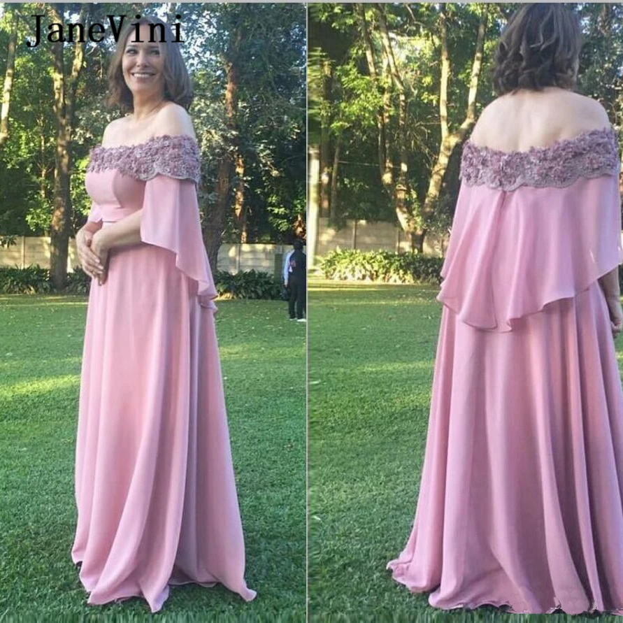 JaneVini 2020 Elegant Dusty Pink Mother Of The Bride Dresses A Line Handmade 3D Flowers Beaded Chiffon Plus Size Customize Gowns