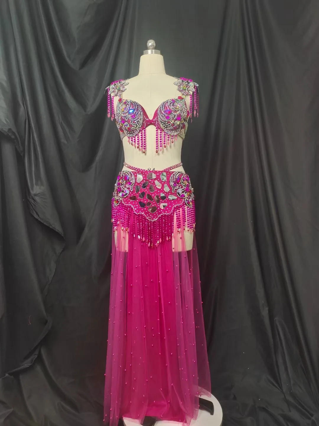 Belly Dance Suit Tassel Full Diamond Bra Split Mesh Long Skirt Performance Set High-End Custom Adult Child Competition Clothing