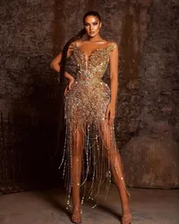 Gorgeous Women's Sexy Beaded Formal Evening Dresses African Short A-line Prom Party Gowns Shiny Tassels Celebrity Dress 2021