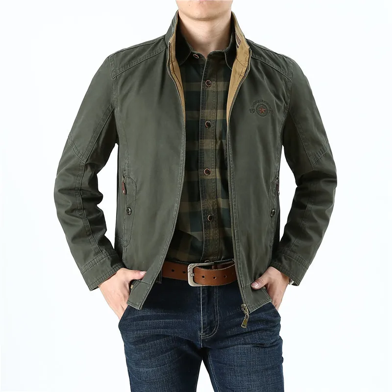 Spring Autumn Jacket Men Double Sides Wear Cotton Jackets Coats Stand Collar Slim Fit Casual Multi-pockets Military Jacket Man