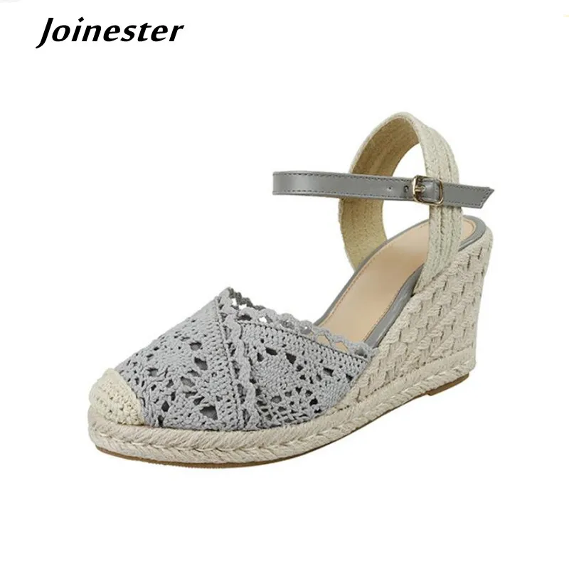 Straw Braided Toe Mesh Sandals for Women Ankle Strap Buckle Slingback Wedge Sandal Ladies Rome Style Pumps Casual Summer Shoes