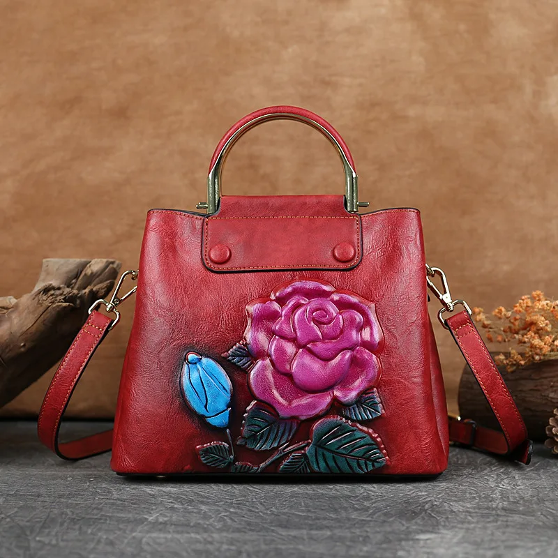 

Rose Flower National Wind Restoring Ancient Ways Cowhide Women's Handbags Brand High Quality Document Luxury Shoulder Bags